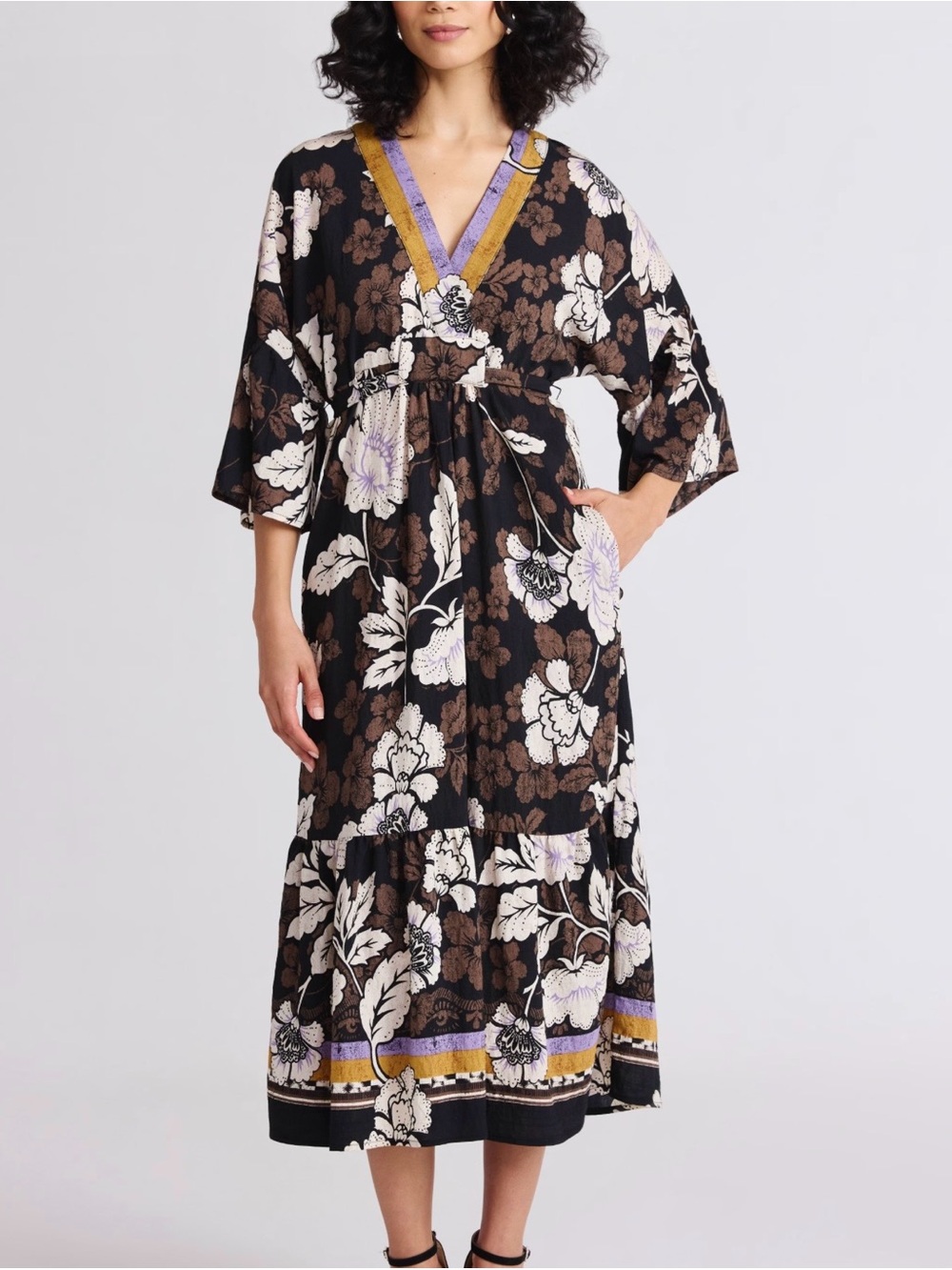 Sofia Vergara Boho Floral Tiered Maxi Dress Tie Back Size L Pockets Fall Outfit